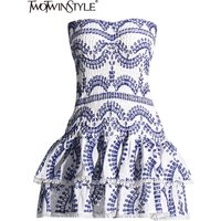 TWOTWINSTYLE Designer Mini A Line Dresses Strapless Sleeveless High Waist Spliced Ruffles Hem Elegant Slimming Dress Female New