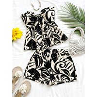 Women's 2-piece black printed top and casual shorts, perfect for daily wear, vacations, holidays, and dates