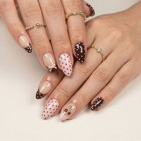 24Pcs Short Almond Press On Nails, Sweet Pink Polka Dots, Bows & Cherry Pattern, Glossy Full Cover False Nails, DIY Nail Art, Pe