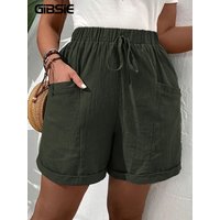 GIBSIE Plus Size Solid Color Knot Front Rolled Hem Shorts Women Summer 2025 High Elastic Waist Casual Loose Wide-leg Shorts