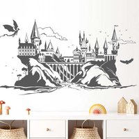 Large Enchanted Castle Magic Dragon Wall Sticker Baby Nursery Kids Room Mountain Bird Cloud Landscape Wall Decal Bedroom Vinyl