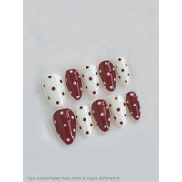10pcs Red Almond Handmade Press-On Nails,,Christmas Nails,Polka Dot Nails,Cute,Nail Supplies,Suitable For Women's Parties Wear
