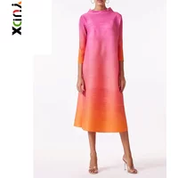 YUDX Miyake Elegant Gradient Pleated Dress Turtleneck Full Sleeves Pink Orange Fashion Mid-Calf Dresses For Women 2025 New