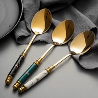 1PC Vintage European Stainless Steel Spoon With Ceramic Handle Coffee Stirring Spoon Fruit Exquisite Dessert Tableware