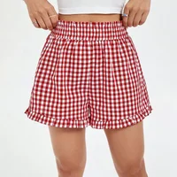 HEZIOWYUN Women's Kawaii Plaid Shorts Loose Fitting Elastic Wide Waist Shirred Ruffled Trim Wide Leg Loungewear Briefs Bottoms