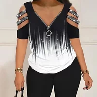 Fashion Women's Shorts Two Piece Set Summer 2024 New Fashion Female's Casual Printed V-neck Zipper Gradient Top Suits Streetwear
