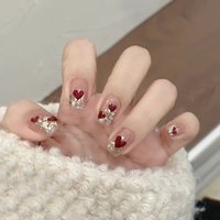 24pcs/set Short Square fake nails for women gilrs cute red white heart full cover nail tips acrylic press on false nail art set