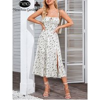 NewAsia Floral Summer Dress Boned Tie Up Split Elastic With Lining Adjustable Strapes Zip Summer Dress Beach Women Vestido 2022