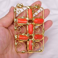 APDGG 2Pcs Big Gold Plated Orange Coral Rectangle Freedom Connector Pendant For Pearl Necklace Pendant Jewelry DIY