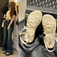 Casual Summer Women's Sandals Outdoor Wear Soft Bottom Cross Thin Strap Thick Heel Slip-On Beach Shoes Buckle Toe Cover