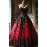 Schwarzes und rotes Gothic-Hochzeitskleid mit Spitzenapplikationen, herzförmigem Ausschnitt, ärmellos, A-Linie, Tüll, Vintage-Brautkleid, individuell gestaltet
