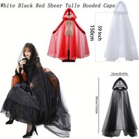 Red White Black Sheer Tulle Hooded Cape Women Witch Vampire Cosplay Cloak Halloween Wedding Party Dress Up Prop