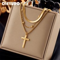 DIEYURO 316L Stainless Steel Gold Color Cross Pendant Necklace For Women New Trend Girls 3in1 Chain Rustproof Jewelry Party Gift