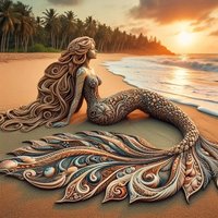 Diamond Painting Kit - Mermaid and Ocean Beach Scene with Tail, Brown/Beige/Gray/Black/White/Golden, Diamond Art for Home