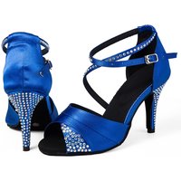 New Hot Diamond Latin Dance Shoes Blue Satin High Heel Sandals Professional Soft soled Square Dance Four Seasons Shoes