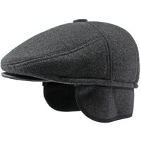 Thick Warm Winter Caps for Men Solid Black Grey Flat Cap Male 5 Panels Beret Hat with Ear Flaps Beret Caps