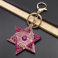 Hexagram Star of David Blessing Keychain for Women Men Pink Rhinestone Gold Color Jewish Key Chains Jewelry chaveiro K9646S01