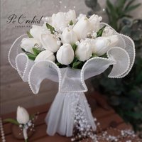 PEORCHID White Pearl Wedding Bouquet Bling Romantic Buque De Noiva Artificial Beaded Bridal Flower Crystal Tulip Bouquet