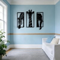 Metal Wall Art Set, Elephant Giraffe Zebra Decor, Modern 3-Piece Animal Wall Decor for Home Indoor Outdoor
