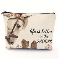 Makeup Bag Western Horses and Flowers Thrive Beautifully on A Saddle with This Polyester Makeup Bag Zippered Cosmetic Pouch