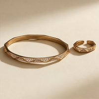 2Pcs Geometric Rhombus Inlaid Zircon Bangle Ring Set For Women Luxury 18K Gold Plated Stainless Steel Jewelry Set Wedding Party