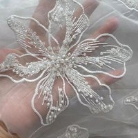 2Pcs Delicate White Flower Bead Embroidery Patches Fabric For Evening Dress Accessories Sewing Handmade Applique Repair Crafts