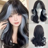 Black Blue Highlights Short Synthetic Wavy Wig with Bangs Fluffy Heat Resistant Women Wig for Daily Party Lolita Cosplay