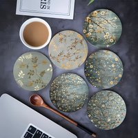 6Pcs 2D Flat Vintage Christmas Decorative Mat 4in Wooden Round Coaster Plants Tree Pattern Art Tableware Mat Christmas Decor