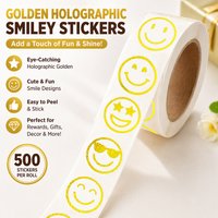 500 Pcs Foil Golden Holographic Face Stickers Roll, Shiny Round Expression Labels for Packaging, Gifts, Envelopes, Journals