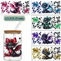 Cute Bow Dragon UV DTF Wraps Colorful Dragon & Bow Stickers for 16oz Glass Cans Waterproof DIY Transfer Decals