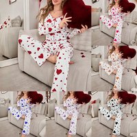 Pajamas 2 Piece Sets Women Sleepwear Loungewear Suit Top Pants Heart Print Bow Trousers Autumn Ensemble Nightwear Outfits