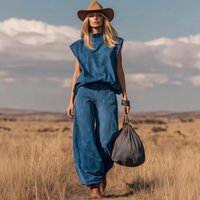 Summer Casual Outfits Female Fashion Solid Color Two Piece Set for Women Sleeveless Top & Wide Leg Pants Holiday Matching Set