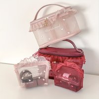 1pc Purified Red Mesh Makeup Bag with Ruffle Detail Love Embroidery Cute Portable Cosmetic Organizer for Girls Toiletry Pouch