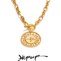Yhpup Fashion 18K Gold Color Plated Stainless Steel Vintage Round Pendant Necklace Waterproof Personalized Modern Jewellery 2025