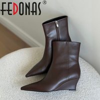 FEDONAS – bottines en cuir véritable pour femmes, chaussures à talons hauts, chaudes, sexy, à bout pointu, courtes, pour automne et hiver