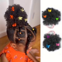 2pcs African Puff Bun Hair Extensions with Colorful Butterfly Clips, Black Curly Synthetic Hair for Party, School, Everyday