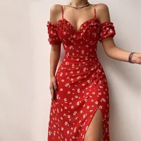 New Summer Elegant Casual Floral Print Off Shoulder Split Dress Women Short Sleeve Slim Midi Dress for Club Party Holiday
