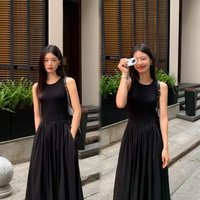 New Vintage Holiday Style Black Midi Dress Dresses for Women Clothing O Neck Office Lady Casual Pockets Women's Clothing