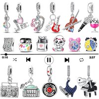 Music Series 925 Sterling Silver Player Musical Notes Piano Opera Headphones Alarm Clock Charm Fit DIY Bracelet Necklace Gift