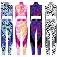 Kids Girls Jazz Dance Outfit Zebra-Stripe Metallic Dancing Set Hip-hop Tassel Crop Top with Leggings Children Street Clothes