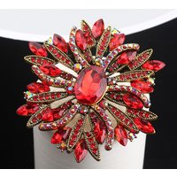 Vintage Sunflower Crystal Brooch, Antique Gold-Tone Red Rhinestone Design, Women's Statement Fashion Accessory for Wedding Gift
