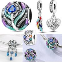 Love Heart Zirconium Feather Charms Bead 925 Sterling Silver Colorful Feather Pendant Fit Original Bracelet DIY Jewelry Gift