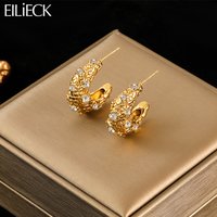 EILIECK 316L Stainless Steel White Zircon Pleated C-shaped Stud Earrings For Women Fashion Waterproof Ear Jewelry Gift Bijoux