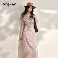 MISHOW Women's French Polka Dot Midi Dress 2026 Summer Boat Neck Ruched Waist Slim Soft Pink Vacation Long Dresses MXF24L2718