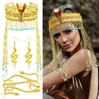 Frauen Schlange Ohrring Armband Schmuck Halloween Cosplay Königin von Ägypten Cobra Kopfbedeckung Gold Perlen Pharao Pailletten Haarschmuck