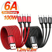 3 Port Type-C Charging Cable 6A 100W Super Fast Charge USB-A To 3 USB-C Car Mobile Phones Charging Cord Power Bank Accessories