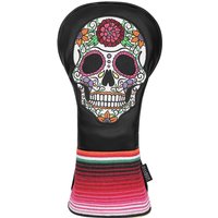PU Faux Leather Sugar Skull Embroidered Patch and Colorful Strips Golf Club Driver Wood Hybrid Head Cover
