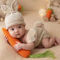 3Piece Newborn Knitted Photo Outfit Beige Cartoon Rabbit Jumpsuit Shorts Carrot Hat and Prop Soft Infant PhotographyProps Unisex
