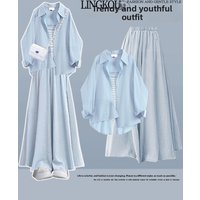Summer Anti-Aging Large Size Women's Three-Piece Set Striped Sun Protection Shirt Wide Leg Pants Casual High Waist Long Sleeve