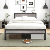 Bed Metal Platform Bed Frame with Wood Headboard Mattress Base Underbed Storage No Box Spring Needed Gray 195x135cm